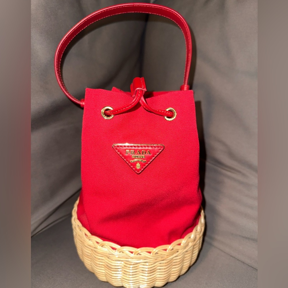 Prada Mixed Canvas And Wicker Hand Or Crossbody B… - image 1